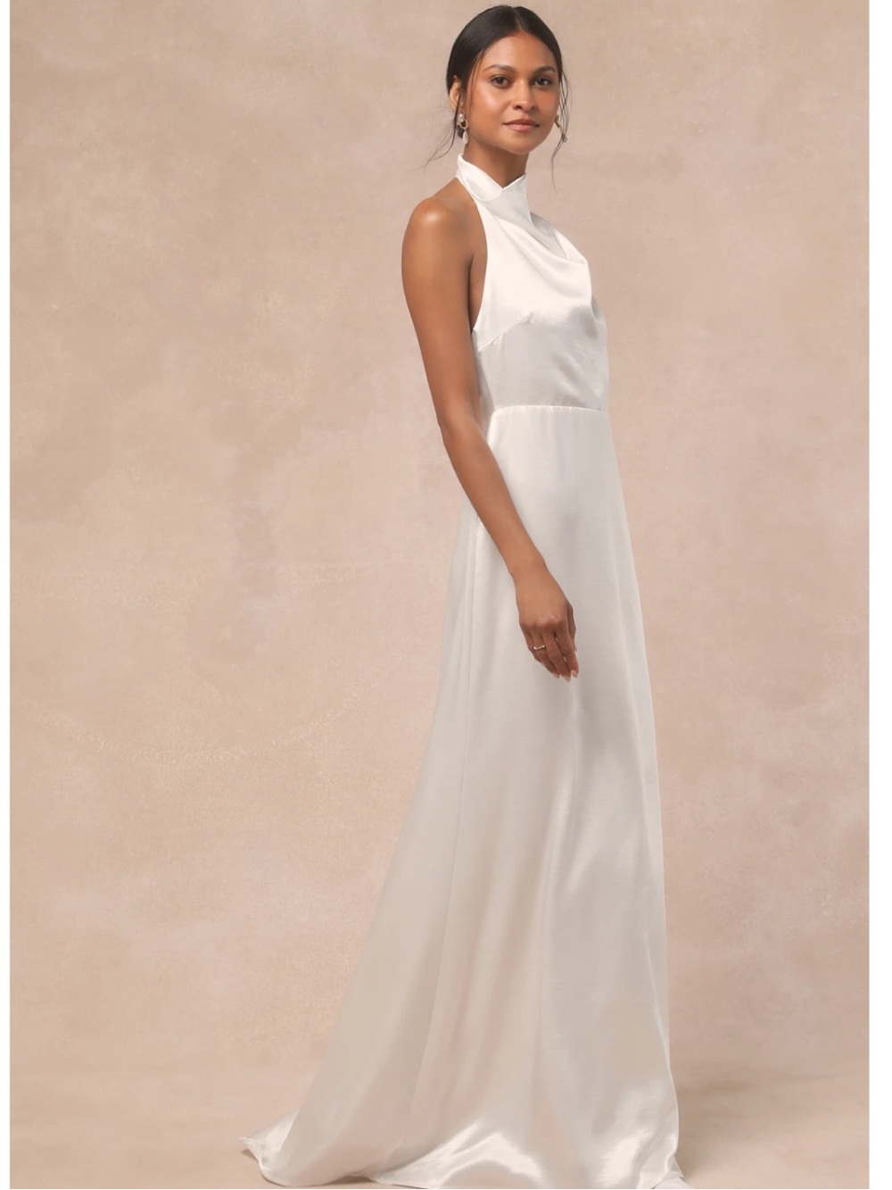 Lulus Meliana White Satin Halter Backless Cowl Back Maxi  Wedding Dress Bride
